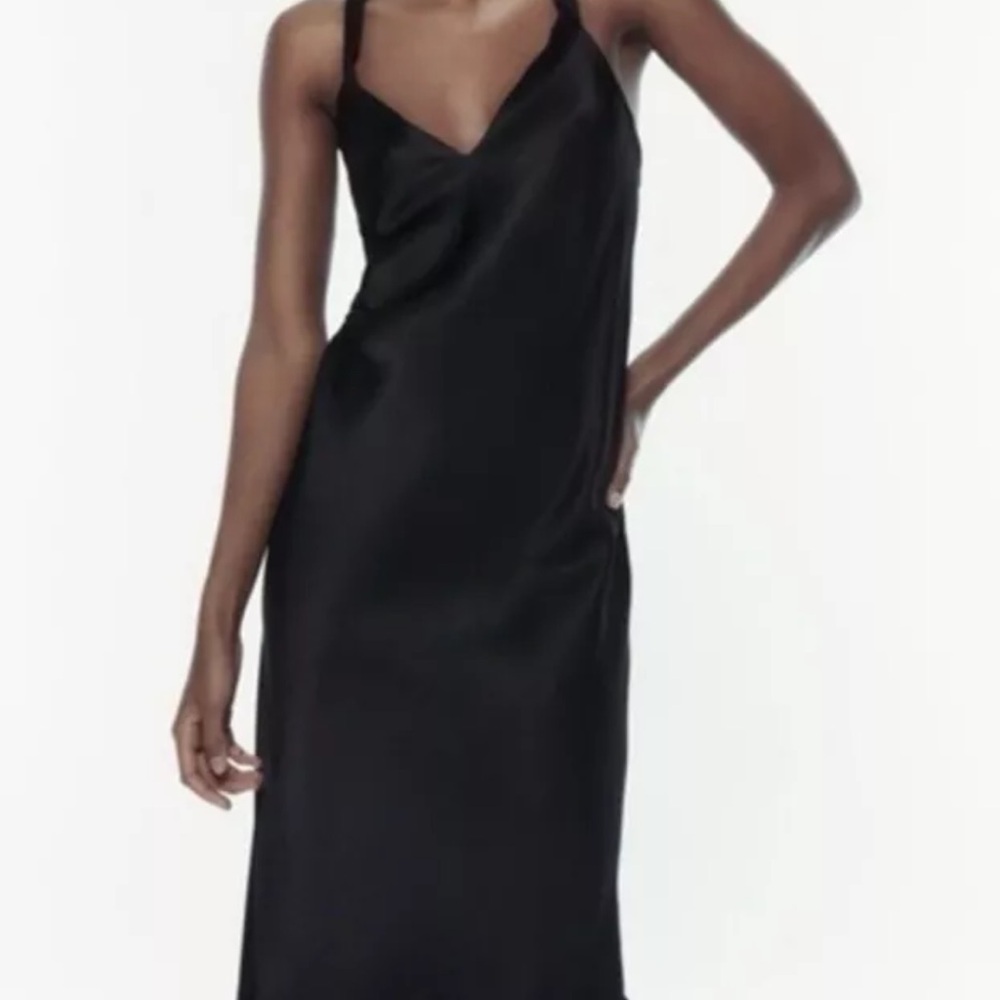 Zara Black Slip Maxi Dress Satin Effect V neck plunge